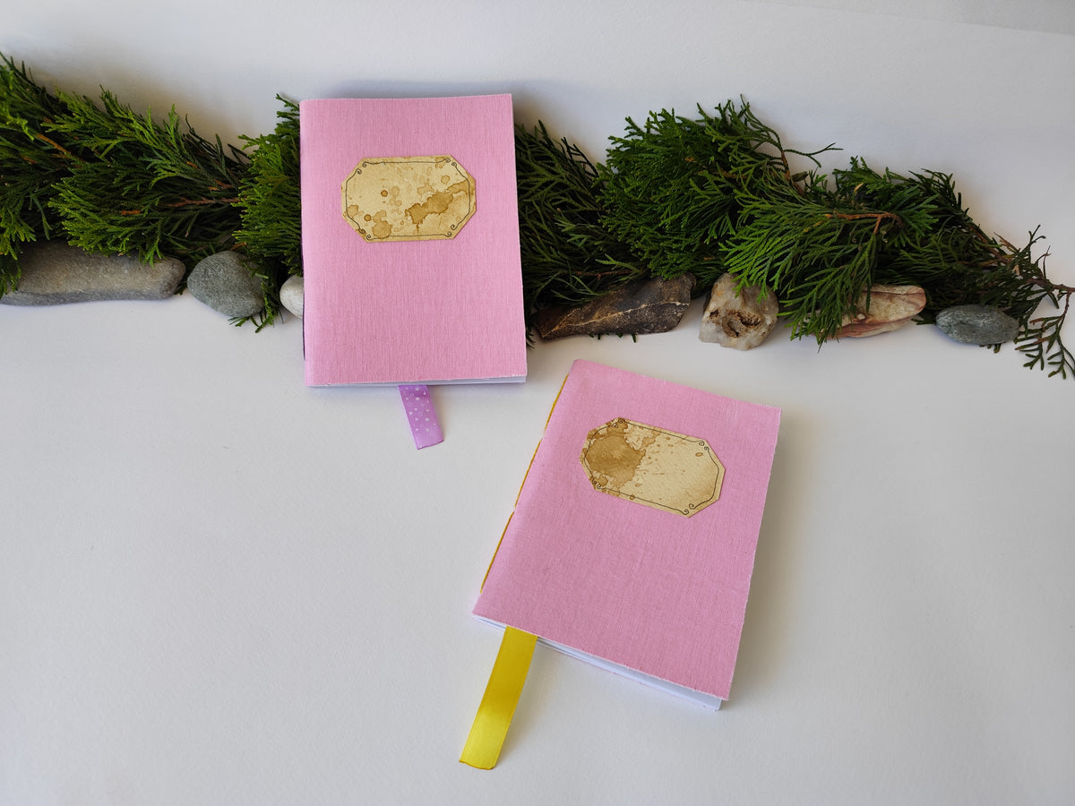 Pink handmade fabric notebook with a title label, a bookmark, Hemp Cord binding and coffee inside lining- 5&quot; x 7&quot; ( 12.5 x 17.5 cm. )