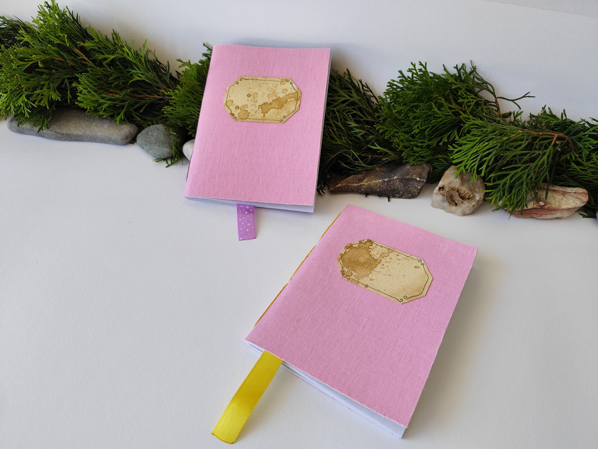 Pink handmade fabric notebook with a title label, a bookmark, Hemp Cord binding and coffee inside lining- 5&quot; x 7&quot; ( 12.5 x 17.5 cm. )