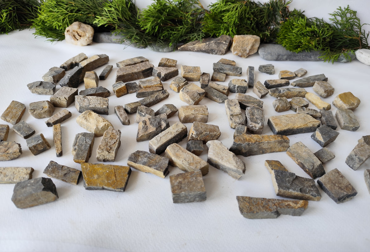 This is a Set of 100 Natural Stone Bricks Materials for Miniatures &amp; Crafts - DIY Craft Supplies. I will make a selection specially for you of 100 such stones and I will make sure to include in the set 4 different types of stone bricks- squareish, rectangularish,  long and narrow like short beams and also plate like slate stones. Your set will have from all of the 4 types of stones.