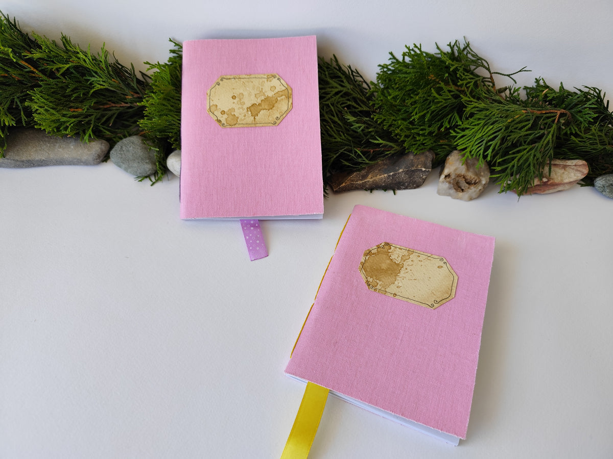 Pink handmade fabric notebook with a title label, a bookmark, Hemp Cord binding and coffee inside lining- 5&quot; x 7&quot; ( 12.5 x 17.5 cm. )