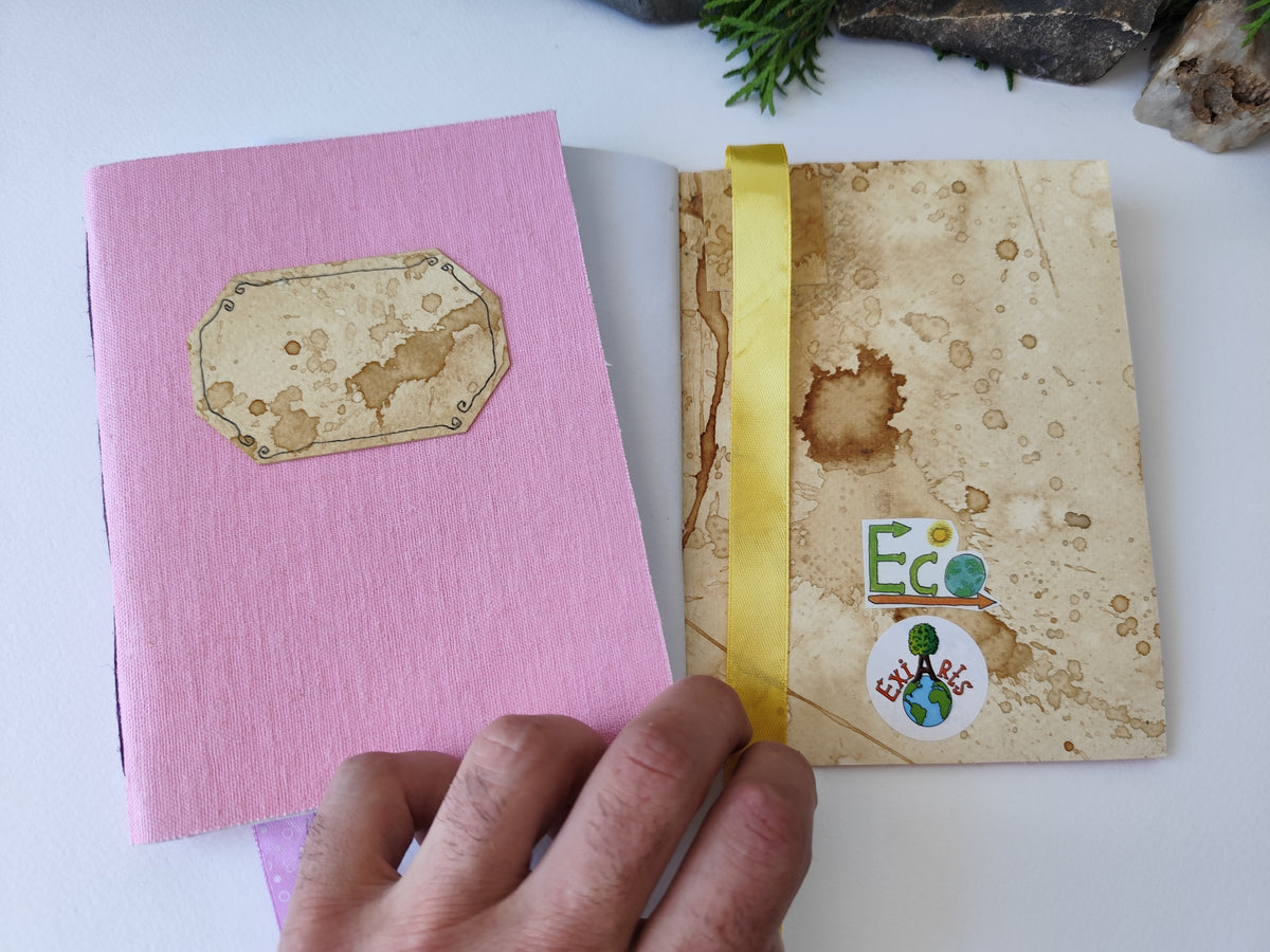 Pink handmade fabric notebook with a title label, a bookmark, Hemp Cord binding and coffee inside lining- 5&quot; x 7&quot; ( 12.5 x 17.5 cm. )