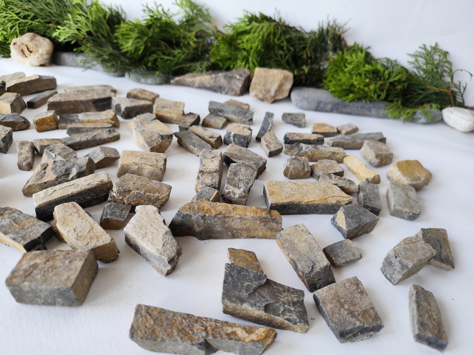 This is a Set of 100 Natural Stone Bricks Materials for Miniatures & Crafts - DIY Craft Supplies. I will make a selection specially for you of 100 such stones and I will make sure to include in the set 4 different types of stone bricks- squareish, rectangularish,  long and narrow like short beams and also plate like slate stones. Your set will have from all of the 4 types of stones.