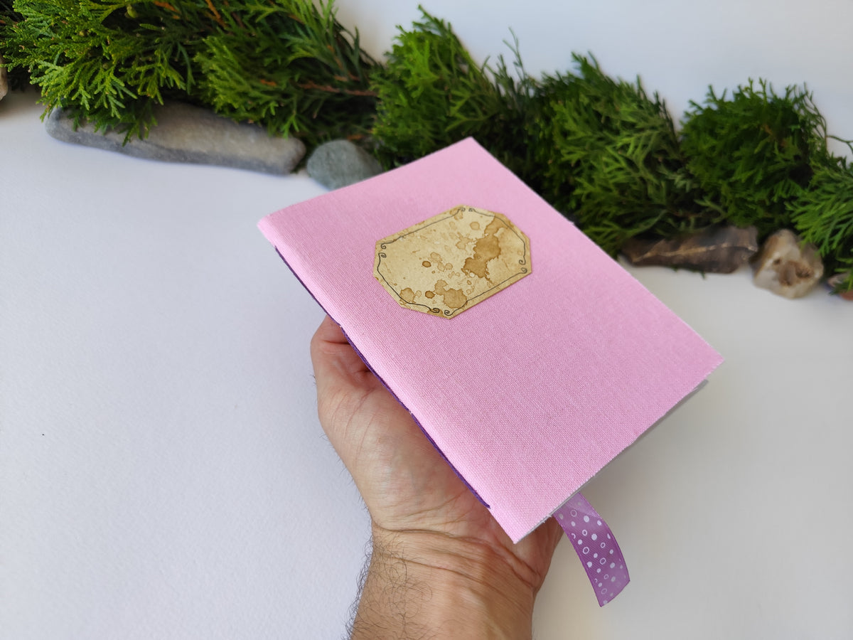 Pink handmade fabric notebook with a title label, a bookmark, Hemp Cord binding and coffee inside lining- 5&quot; x 7&quot; ( 12.5 x 17.5 cm. )