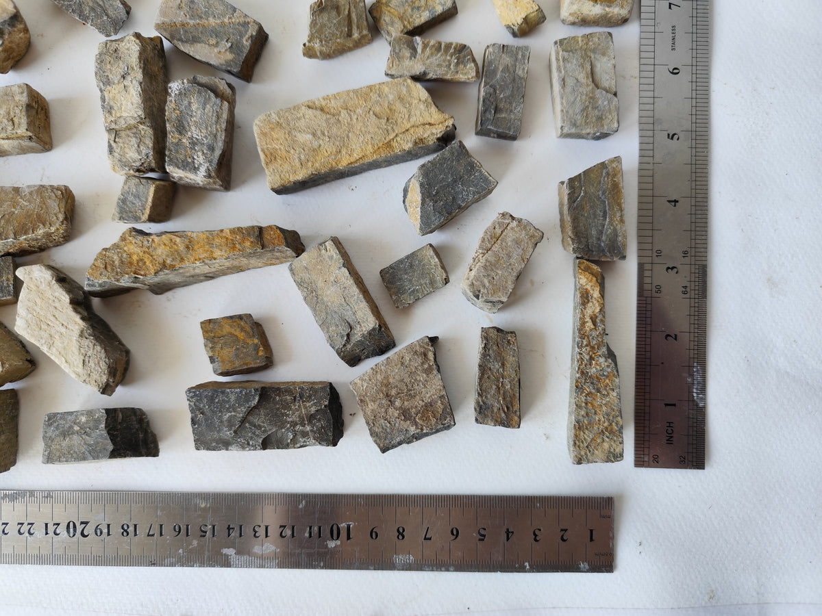 This is a Set of 100 Natural Stone Bricks Materials for Miniatures &amp; Crafts - DIY Craft Supplies. I will make a selection specially for you of 100 such stones and I will make sure to include in the set 4 different types of stone bricks- squareish, rectangularish,  long and narrow like short beams and also plate like slate stones. Your set will have from all of the 4 types of stones.