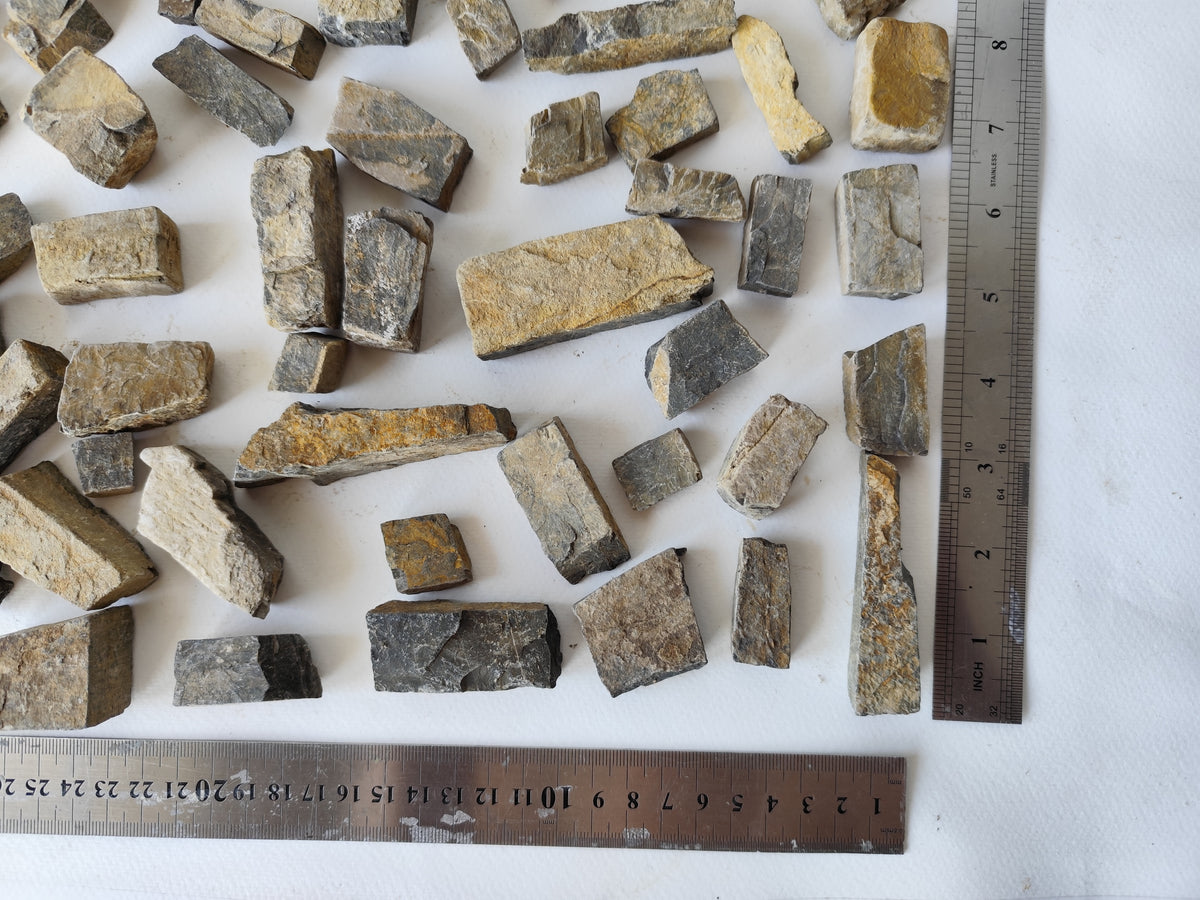 This is a Set of 100 Natural Stone Bricks Materials for Miniatures &amp; Crafts - DIY Craft Supplies. I will make a selection specially for you of 100 such stones and I will make sure to include in the set 4 different types of stone bricks- squareish, rectangularish,  long and narrow like short beams and also plate like slate stones. Your set will have from all of the 4 types of stones.