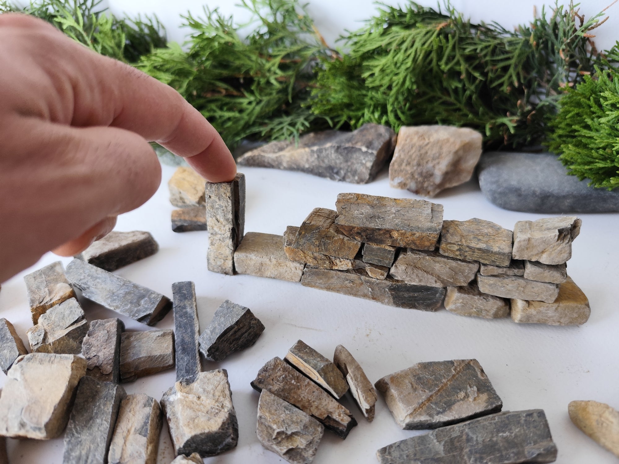 This is a Set of 100 Natural Stone Bricks Materials for Miniatures & Crafts - DIY Craft Supplies. I will make a selection specially for you of 100 such stones and I will make sure to include in the set 4 different types of stone bricks- squareish, rectangularish,  long and narrow like short beams and also plate like slate stones. Your set will have from all of the 4 types of stones.
