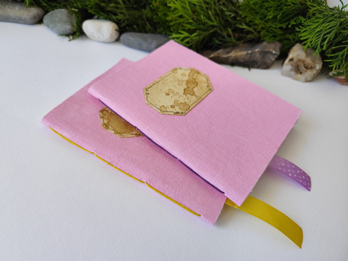 Pink handmade fabric notebook with a title label, a bookmark, Hemp Cord binding and coffee inside lining- 5&quot; x 7&quot; ( 12.5 x 17.5 cm. )