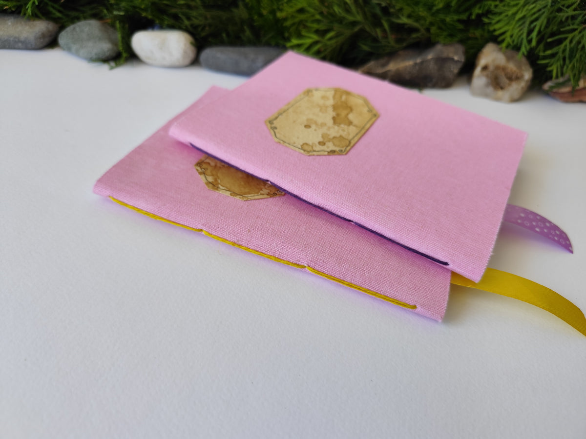Pink handmade fabric notebook with a title label, a bookmark, Hemp Cord binding and coffee inside lining- 5&quot; x 7&quot; ( 12.5 x 17.5 cm. )