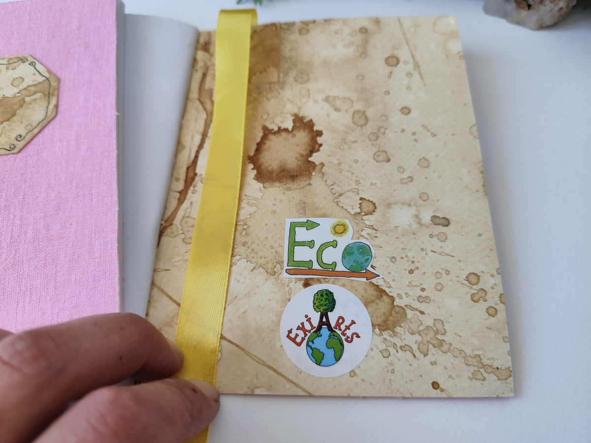 Pink handmade fabric notebook with a title label, a bookmark, Hemp Cord binding and coffee inside lining- 5&quot; x 7&quot; ( 12.5 x 17.5 cm. )