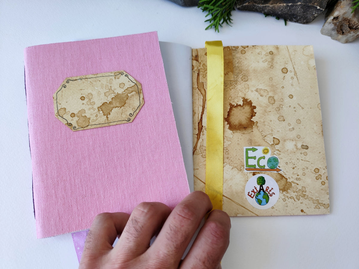 Pink handmade fabric notebook with a title label, a bookmark, Hemp Cord binding and coffee inside lining- 5&quot; x 7&quot; ( 12.5 x 17.5 cm. )