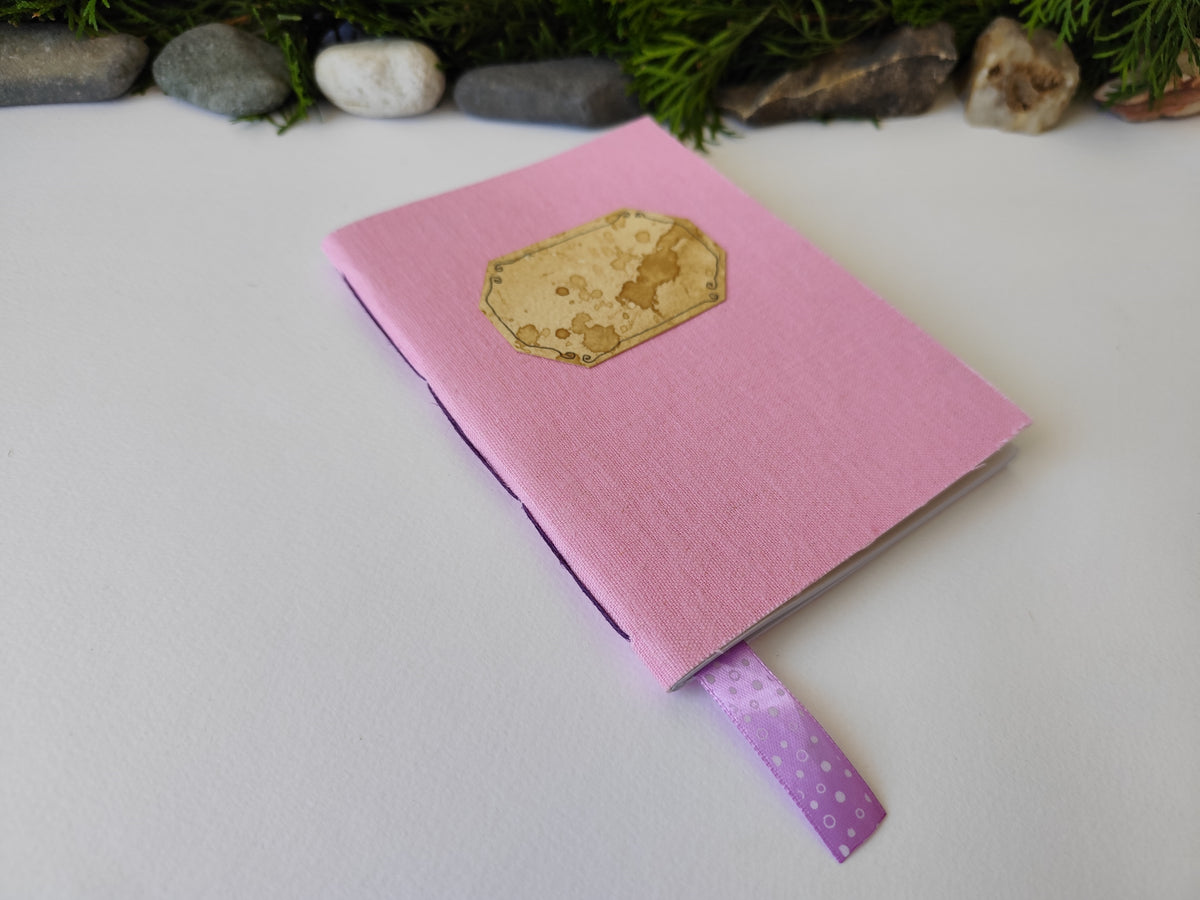 Pink handmade fabric notebook with a title label, a bookmark, Hemp Cord binding and coffee inside lining- 5&quot; x 7&quot; ( 12.5 x 17.5 cm. )