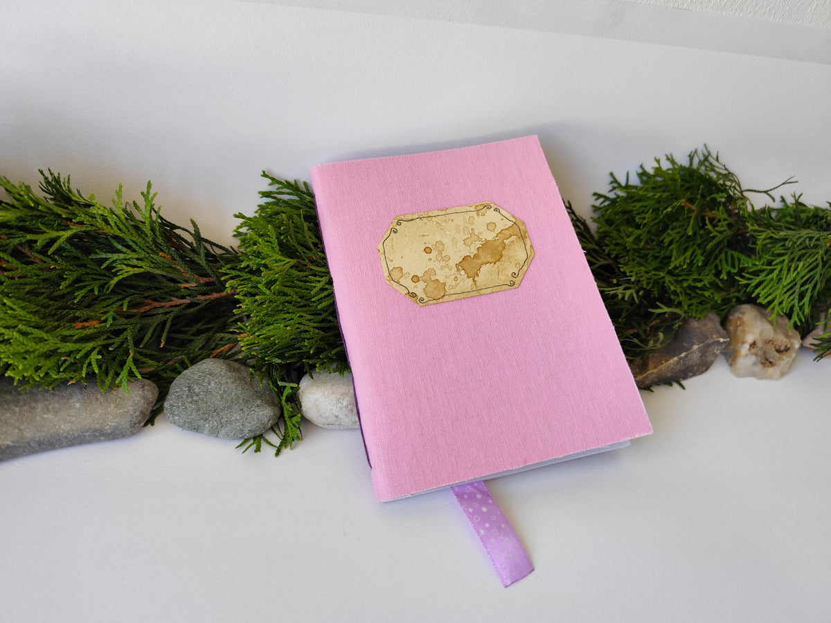 Pink handmade fabric notebook with a title label, a bookmark, Hemp Cord binding and coffee inside lining- 5&quot; x 7&quot; ( 12.5 x 17.5 cm. )