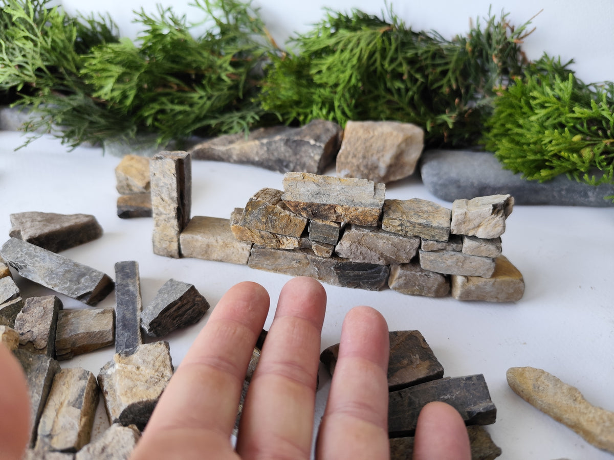 This is a Set of 100 Natural Stone Bricks Materials for Miniatures &amp; Crafts - DIY Craft Supplies. I will make a selection specially for you of 100 such stones and I will make sure to include in the set 4 different types of stone bricks- squareish, rectangularish,  long and narrow like short beams and also plate like slate stones. Your set will have from all of the 4 types of stones.