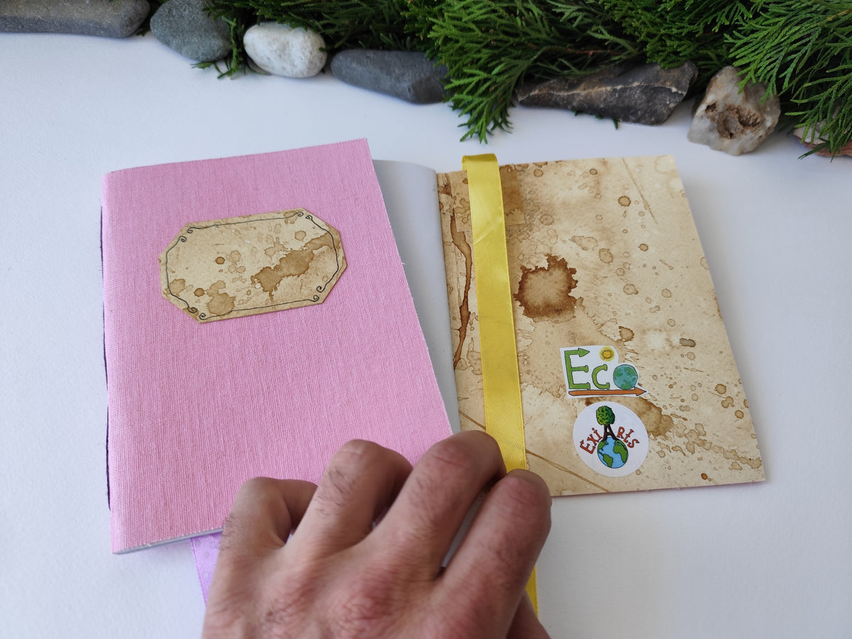 Pink handmade fabric notebook with a title label, a bookmark, Hemp Cord binding and coffee inside lining- 5&quot; x 7&quot; ( 12.5 x 17.5 cm. )