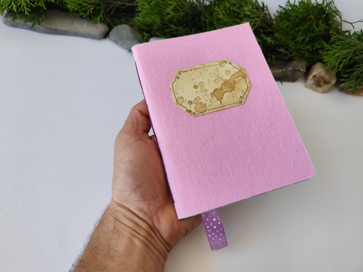 Pink handmade fabric notebook with a title label, a bookmark, Hemp Cord binding and coffee inside lining- 5&quot; x 7&quot; ( 12.5 x 17.5 cm. )
