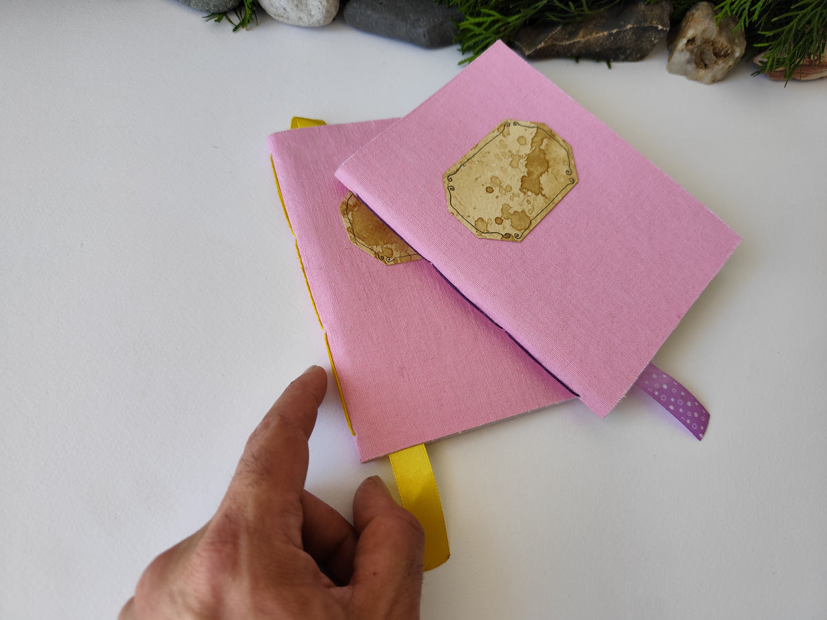 Pink handmade fabric notebook with a title label, a bookmark, Hemp Cord binding and coffee inside lining- 5&quot; x 7&quot; ( 12.5 x 17.5 cm. )