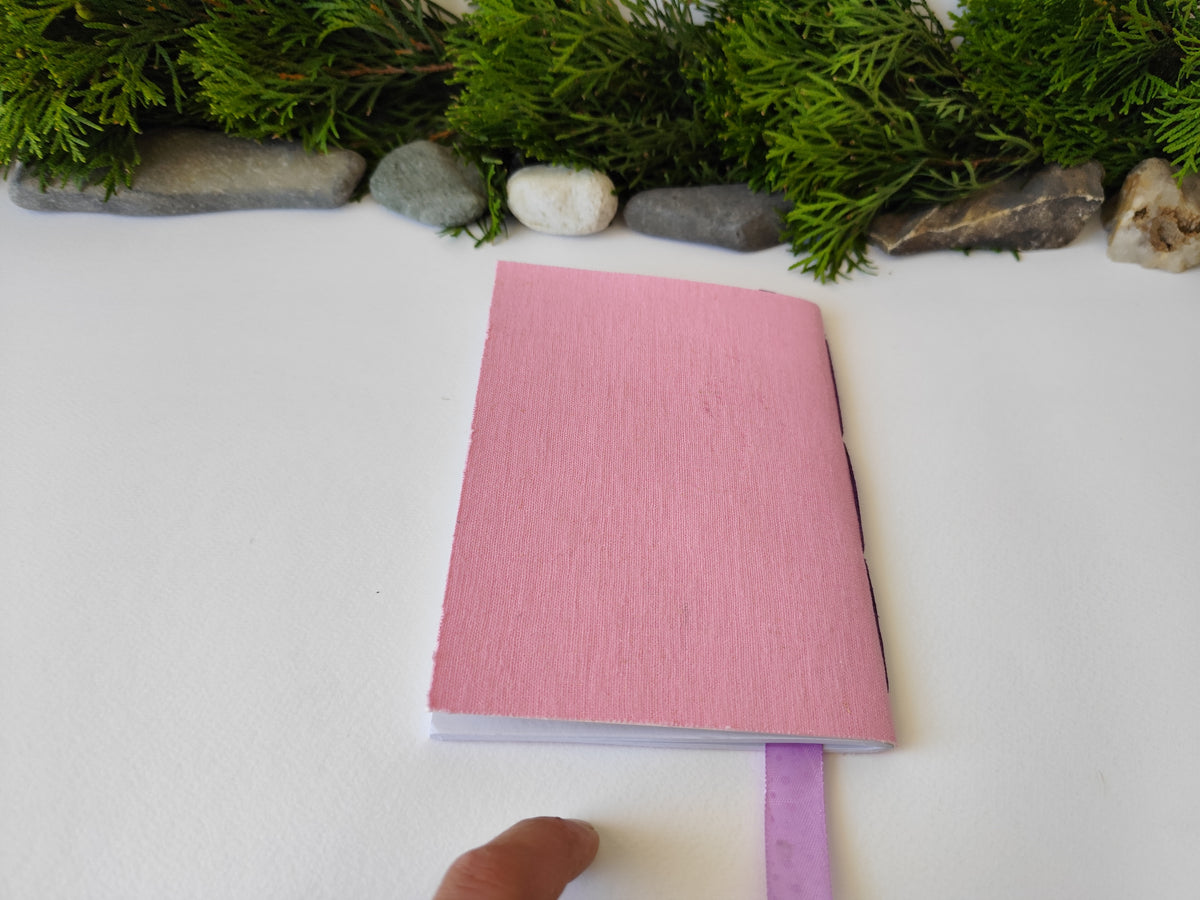 Pink handmade fabric notebook with a title label, a bookmark, Hemp Cord binding and coffee inside lining- 5&quot; x 7&quot; ( 12.5 x 17.5 cm. )