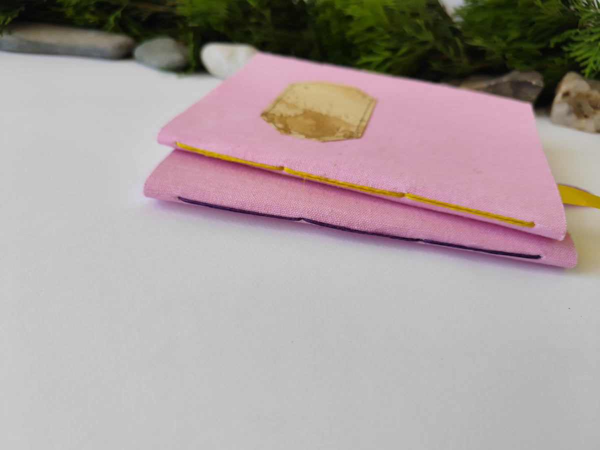 Pink handmade fabric notebook with a title label, a bookmark, Hemp Cord binding and coffee inside lining- 5&quot; x 7&quot; ( 12.5 x 17.5 cm. )