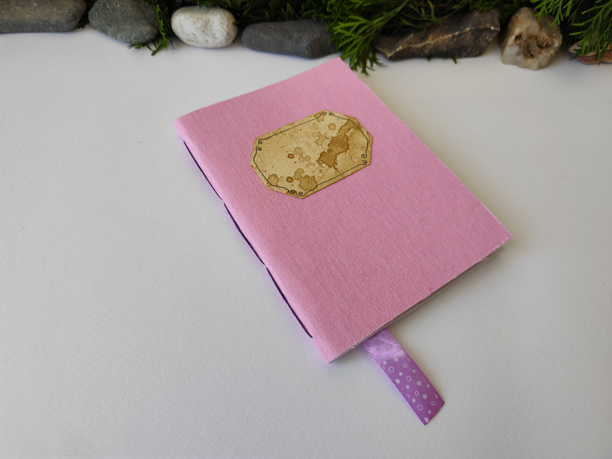 Pink handmade fabric notebook with a title label, a bookmark, Hemp Cord binding and coffee inside lining- 5&quot; x 7&quot; ( 12.5 x 17.5 cm. )
