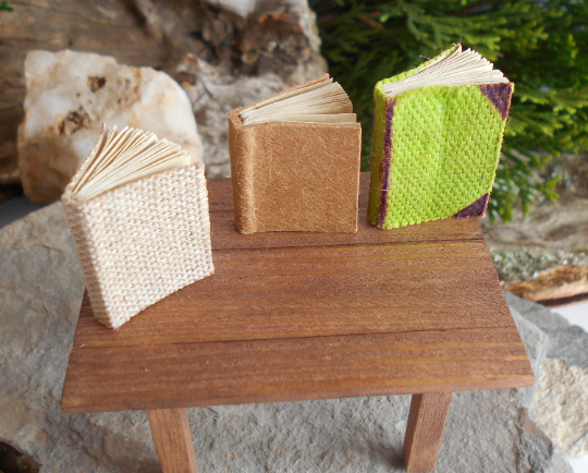 Mini spell books- miniature journals with coffee stained pages and fabric cover in 1/12- twelfth scale dollhouse library fillers- mini books