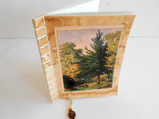 Handmade travel notebook journal with Tree Art- stab binding and soft covers- custom thread colors- sketchbook with 100% recycled pages- Eco-friendly gift for artists, writers and teachers