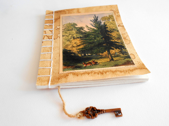 Handmade travel notebook journal with Tree Art- stab binding and soft covers- custom thread colors- sketchbook with 100% recycled pages- Eco-friendly gift for artists, writers and teachers