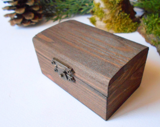 Mahogany-colored brown Wooden chest box- brown decoupage rectangular box- wedding wooden box with bronze colored hinges- fir tree wood rustic box