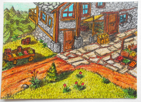 Fine Art print- cottage drawing 'Kvaldaruul Hights Backery Street'- Fantasy World Series- miniature art cottage print- signed by author Hristo Hvoynev