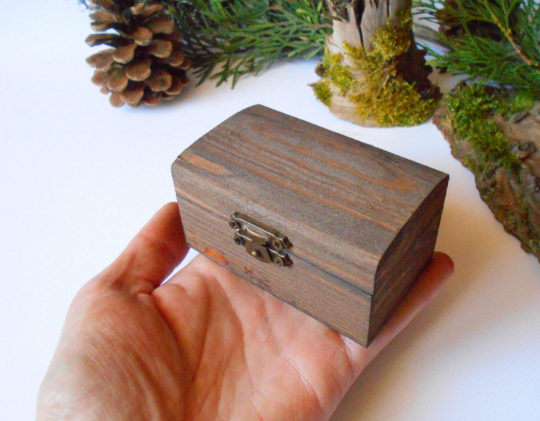 Mahogany-colored brown Wooden chest box- brown decoupage rectangular box- wedding wooden box with bronze colored hinges- fir tree wood rustic box