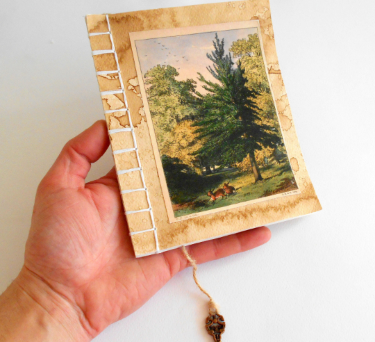 Handmade travel notebook journal with Tree Art- stab binding and soft covers- custom thread colors- sketchbook with 100% recycled pages- Eco-friendly gift for artists, writers and teachers