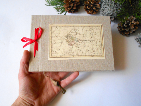 Gemini Zodiac travel journal -Refillable fabric sketchbook- 100% recycled pages- hardcover book, personilized journal with ribbon binding