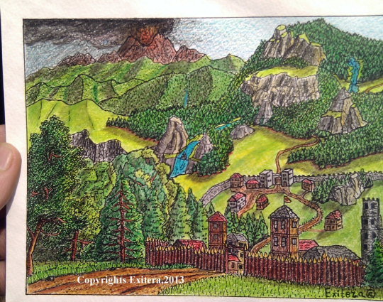 Fantasy art print of original drawing- wall art-geclee archival print for your wall &quot;The Eruption of Medjegogg&quot;- Fantasy world series- signed and dated by author Hristo Hvoynev