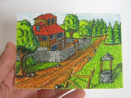 Fantasy illustration art print from original drawing &quot;Wanderer&#39;s House Inn&quot;- Aceo art print of a cottage house- signed by author Hristo Hvoynev