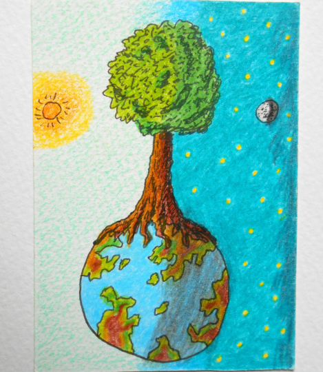 Abstract Art drawing print- fantasy aceo art print- ink and pencil aceo print 'Beyond'- tree on a planet space sun and moon art print- signed by author Hristo Hvoynev Media 1 of 4