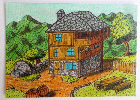 Cottage house art print on archival paper-by ink and color pencil artwork 'Cottage dream' - countryside village print - Folklore series
