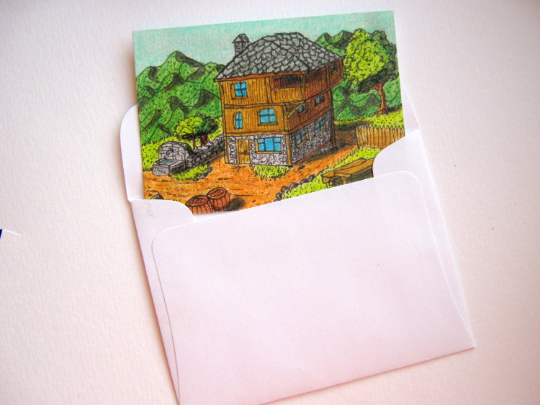 Cottage house art print on archival paper-by ink and color pencil artwork &#39;Cottage dream&#39; - countryside village print - Folklore series