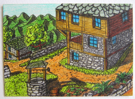 Cottage art print of a mountain village landscape 'Memories of many centuries' - countryside village print - Stone and wood house- signed and dated by author Hristo Hvoynev