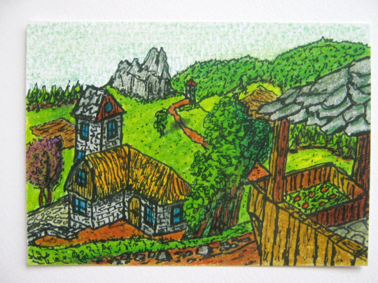 Landscape cottage art print from original aceo artwork &quot;Balnik village&quot;- fine archival print from Fantasy world series- signed by author Hristo Hvoynev