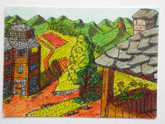 Cottage landscape art print from original aceo art &quot;Balnik village&quot;- fine archival print from Fantasy world series- signed by author Hristo Hvoynev