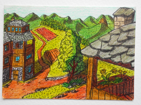 Cottage landscape art print from original aceo art "Balnik village"- fine archival print from Fantasy world series- signed by author Hristo Hvoynev