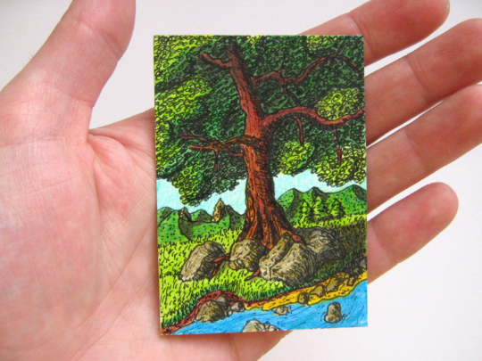 Products Tree art illustration- Fine art print from aceo drawing- Oak tree art print &quot;Listen to the tree&quot;- signed by author Hristo Hvoynev