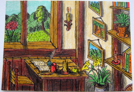 Cottage house interior fine Art Print- a window view drawing 'A table where a story begins'- signed by artist Hristo Hvoynev