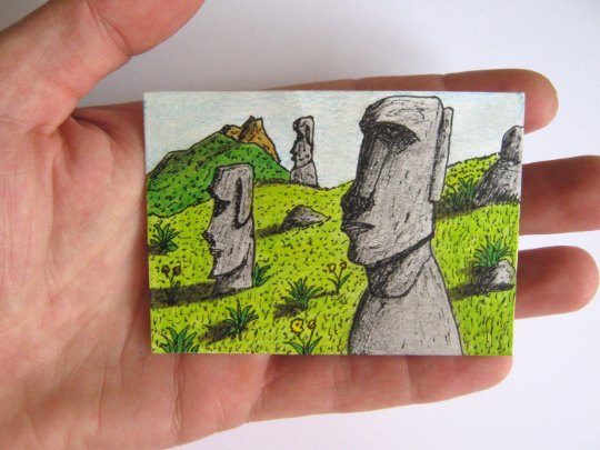 Easter Island ACEO art print- ink and color pencil drawing &quot;What are those heads thinking&quot;- Earth&#39;s Heritage Series- signed by artist Hristo Hvoynev