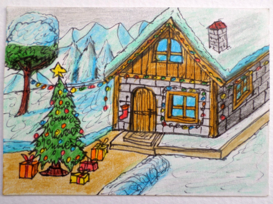 Christmas art print -aceo drawing print of a winter cottage house and a christmas tree- winter art print- signed by artist Hristo Hvoynev