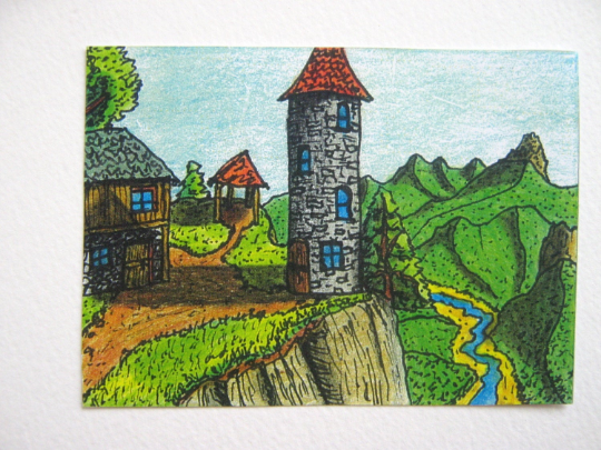 Fantasy landscape art- fine print "Sentivaal guard post"- fine archival print from aceo drawing- signed by artist Hristo Hvoynev