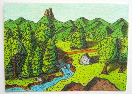 Landscape art print- green forest and a stream in the mountain- ink drawing landscape print- 'Mountain view'- signed by artist Hristo Hvoynev