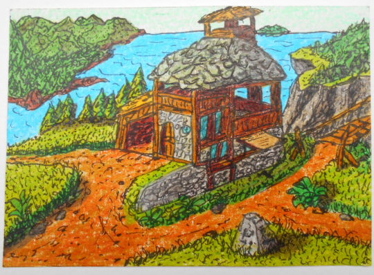 Cottage art print from original drawing- fantasy art collectable landscape card- ink and pencil drawing from The Realm of Exdourn fantasy story- &#39;Cross-Norths outpost&#39;- signed by artist Hristo Hvoynev