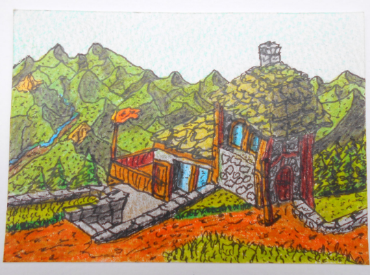 Fantasy art cottage print- collectable landscape art print- The realm of Exdourn fantasy story ink and pencil drawing titled 'Exalted Hights Peak'- signed by artist Hristo Hvoynev