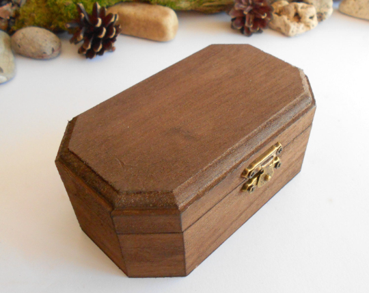 Wooden box- mahagony-colored jewelry box - medium large six sides box- keepsake wooden box with bronze-color hinges- pine wood box