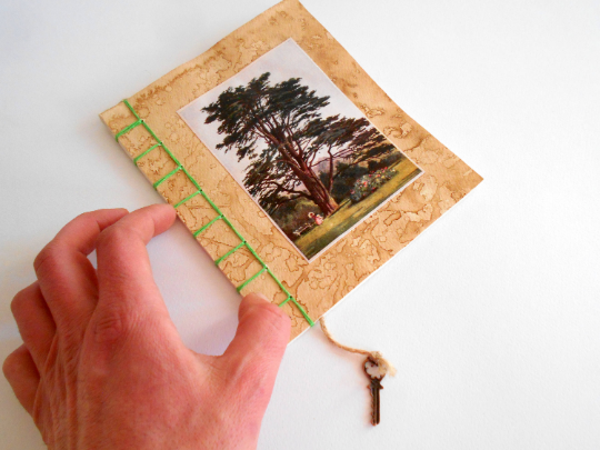 Handmade travel notebook journal with tree art- stab binding and soft covers- custom thread colors- sketchbook with 100% recycled pages- Ecofriendly gift